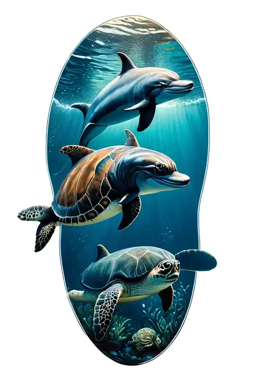 Two Dolphins And A Sea Turtle Swimming In The Ocean