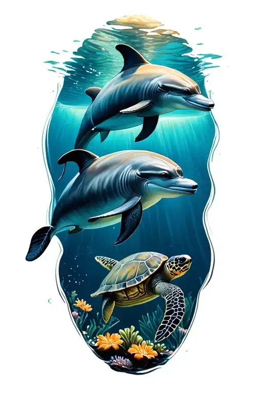Two Dolphins And A Sea Turtle Swimming In The Ocean