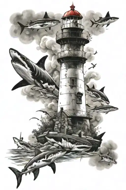 Lighthouse With Sharks In The Water And Cannons On The Shoreline