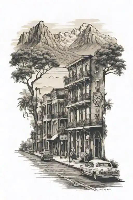 An Intricate New Orleans Street Scene With A Mountain Backdrop