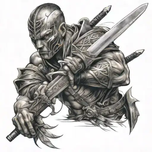 A Powerful Warrior Holding A Sword With Symbols Of Business And Process In The Background