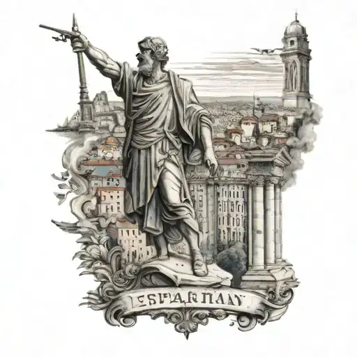 Espartan Worrier And Lisbon City Monuments In Background