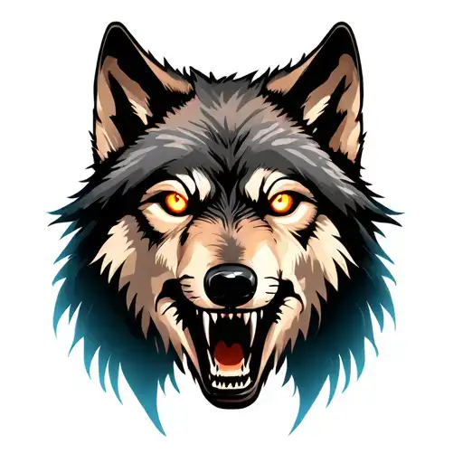 Snarling Wolf Head With Glowing Orange Eyes