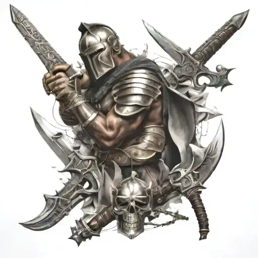 A Collage Of Different Weapons Used By Gladiators Intertwined With Human Figures