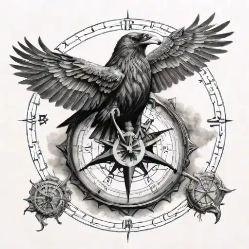 A Mystical Scene Of Odin's Ravens Huginn And Muninn Flying Over A Vegvisir Compass