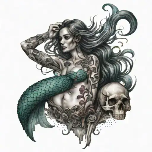 Full Body Scary Mermaid With Skull