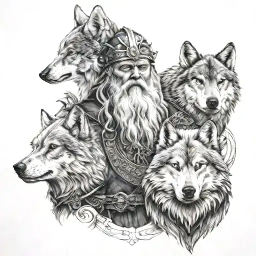 A Detailed Portrait Of Odin With His Wolves And Ravens By His Side