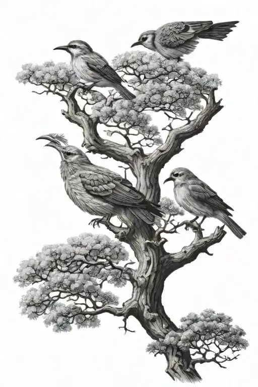 Birds And A Roan Tree Growing