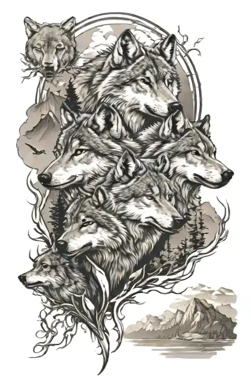 Fierce Wolves With Scenic Mountain Landscape For Leg