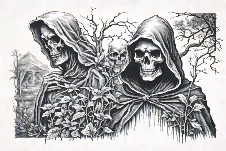 Grim Reaper And Mother Nature Woman Standing Together