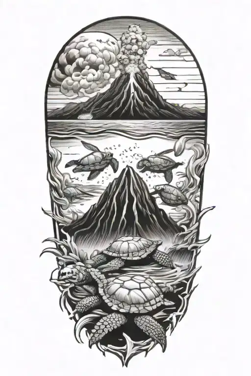 Volcano Flowing Lava Into Ocean With Sea Turtles Black And White