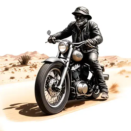 Old Biker On A Harley Davidson With Black And Grey Shading With A Desert In The Background