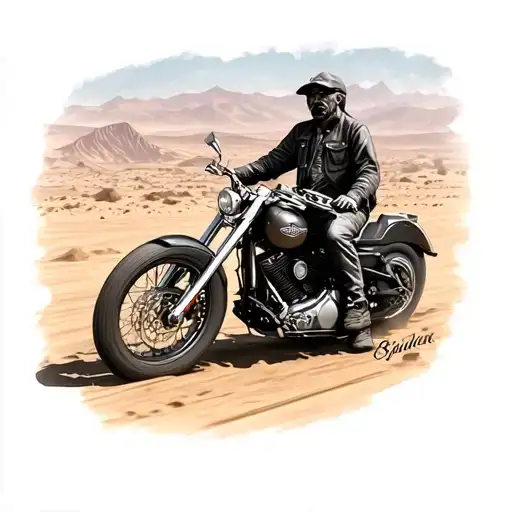 Old Biker On A Harley Davidson With Black And Grey Shading With A Desert In The Background