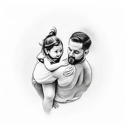 Father Carries His Daughter On His Back Shoulders