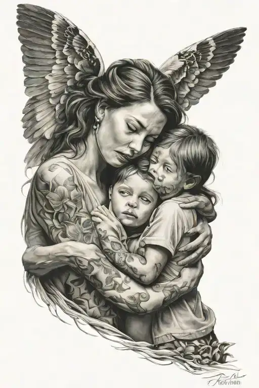 Mother Hugging Children Posing