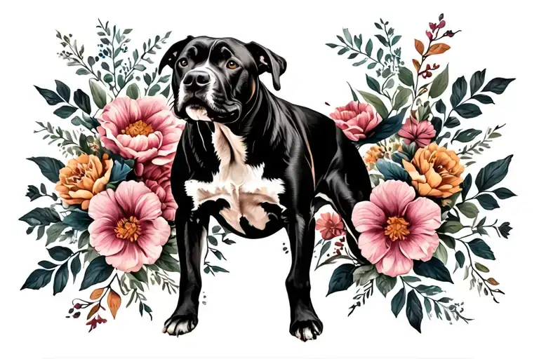 Outline Of A Pitbull With Flowers Intertwined