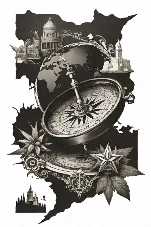 Compass Rose Surrounded By Iconic Landmarks From Europe And Australia