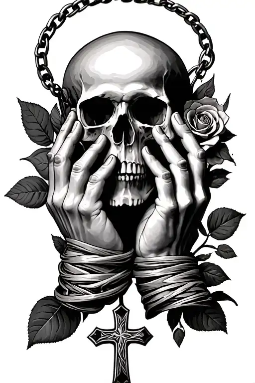 Praying Hands With Cross Necklace Wrapped Around It And Rose And Skull