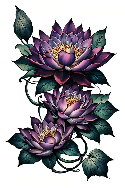 Lotus Flowers On Each Side Of Darkel Down The Spine With Color And No Shading