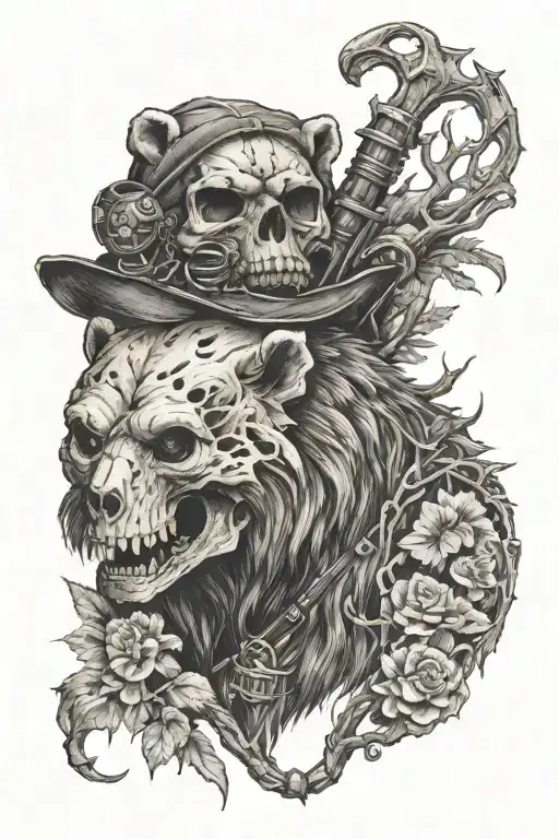 Skull In A Bear With A Hunter