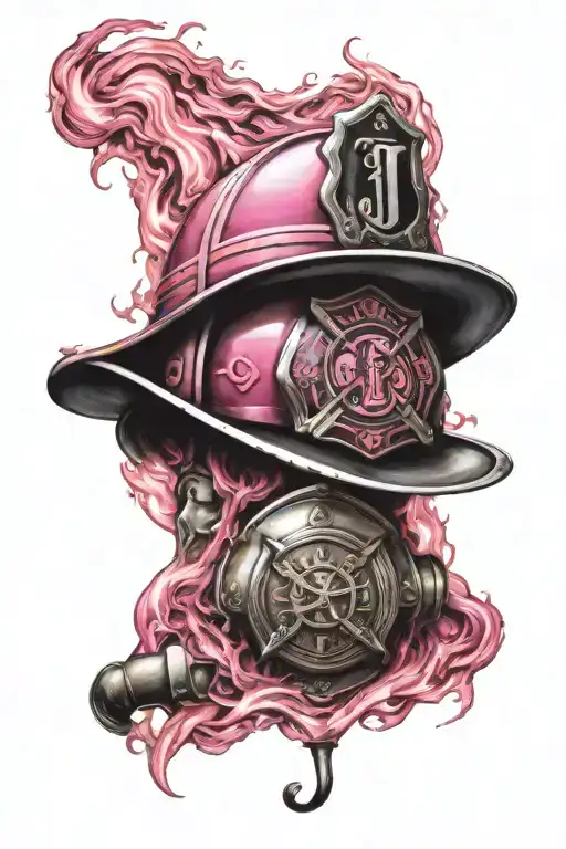 Pink Fire Background And In The Center A Firefighter Helmet With The Initials J A