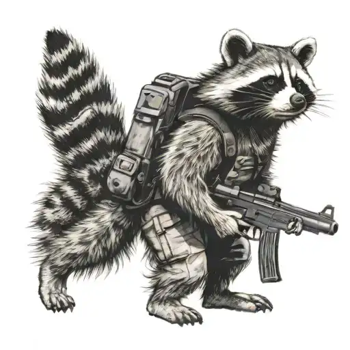 Raccoon Stands In Full Height With A Gun