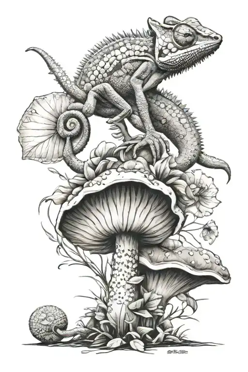 3D Chameleon Sitting On Mushroom Field