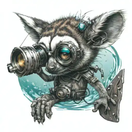A Futuristic Cybernetic Ringtail Lemur Fishing In A Virtual Reality Ocean