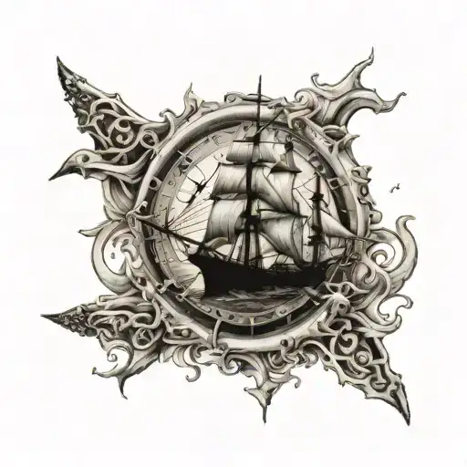 Ship With Moon Compass And Anchor At The Bottom
