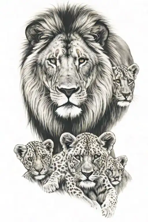 Lion With 3 Cubs All In Color