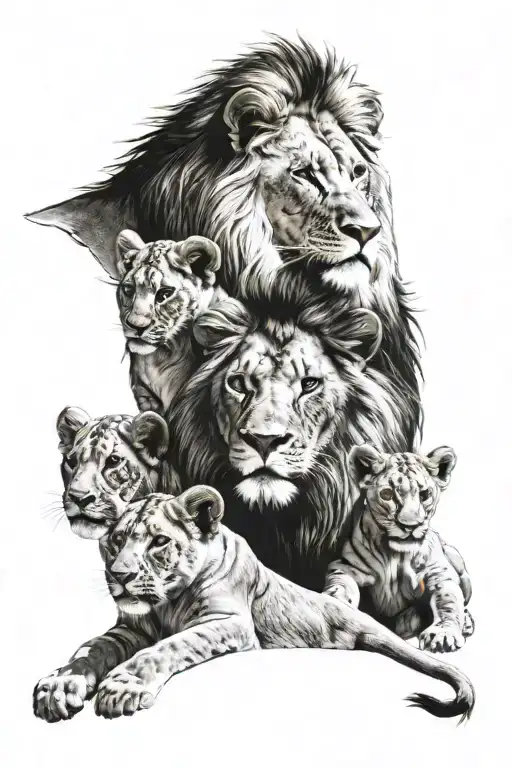 Lion With 3 Cubs All In Color