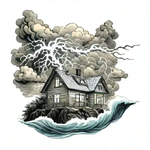 House Bulit On A Mountain With Ocean Waves Crashing And In A Lightning Storm