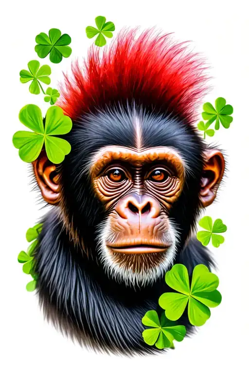 Capuchin Monkey With Red Mohawk Hairstyle Surounded By Green Clovers