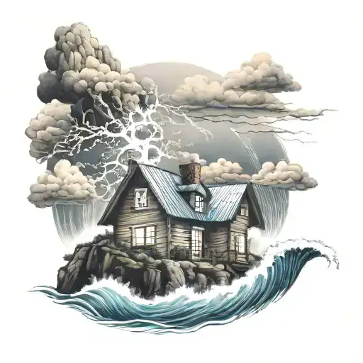 House Bulit On A Mountain With Ocean Waves Crashing And In A Lightning Storm