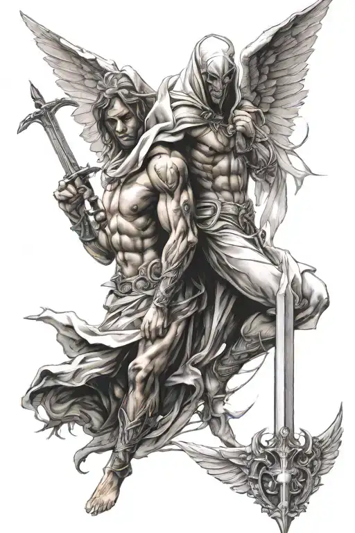 Angel And Demon With Sword And Hood