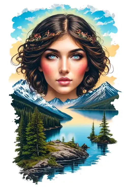 Beautiful Woman Face With Background Of A Lake Surrounded By Mountains