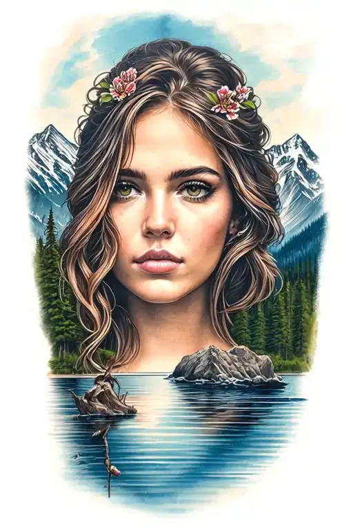 Beautiful Woman Face With Background Of A Lake Surrounded By Mountains