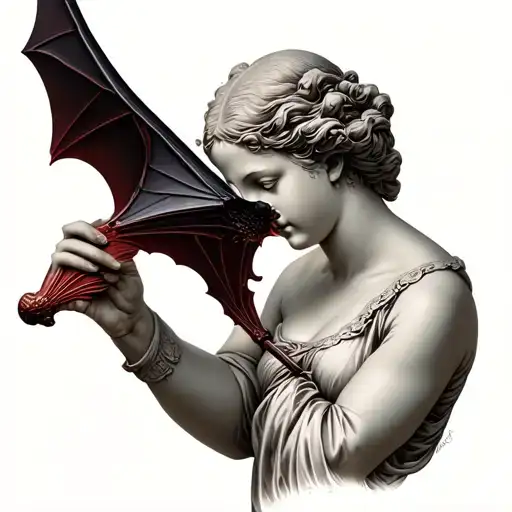 Classical Statue Of A Woman Holding A Bat Near Her Face With Tenderness