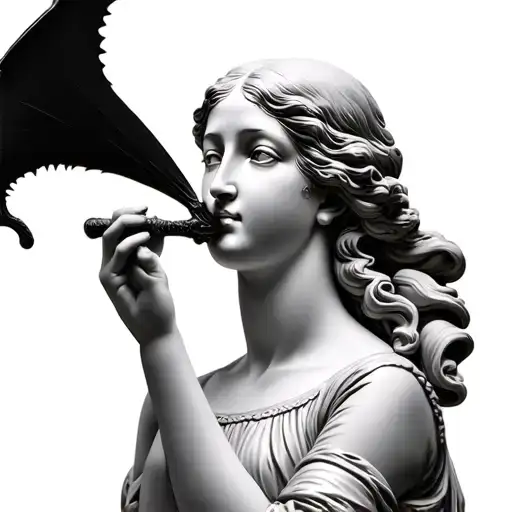 Classical Statue Of A Woman Holding A Bat Near Her Face With Tenderness In Realism Style
