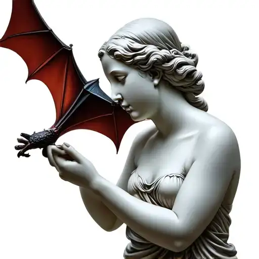 Classical Statue Of A Woman Holding A Realistic Bat Near Her Face With Tenderness