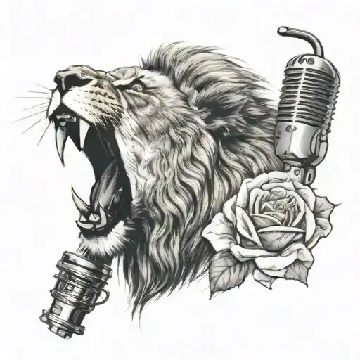 A Lion Roaring Into A Microphone With A White Rose In Its Mouth