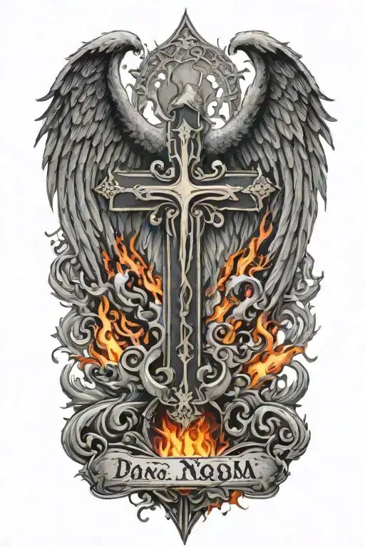 Phoenix Rising From Flames And A Cross And Words Dona Nobis Pacem In Gothic Letters