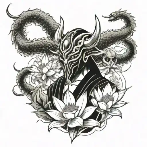 Japanese Cyber Samurai In A Mask And A Lotus And A Dragon
