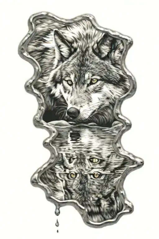 Wolf Looking Into A Puddle Seeing The Reflection