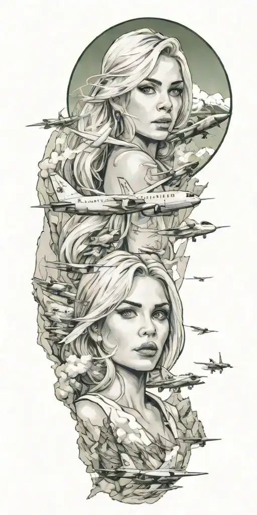 A Sketch-style Tattoo Of A Blonde Woman With Green Eyes Surrounded By Aircraft And Rocky Mountains