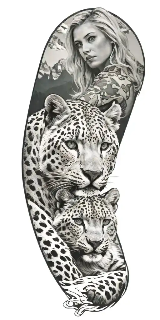 A Realistic Tattoo Of A Blonde Woman With Green Eyes Surrounded By Snow Leopard And Rocky Mountains