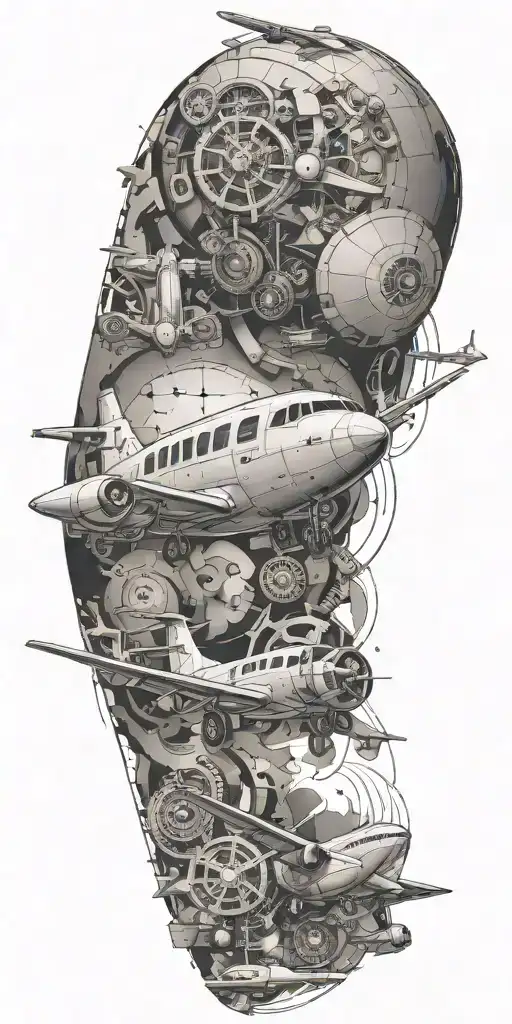 An Abstract Tattoo Combining Elements Of Aircraft Mechanics And Animal Motifs In A Dotwork Style