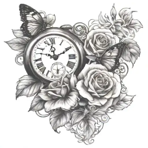 Pocket Watch And A Rose With A Butterfly