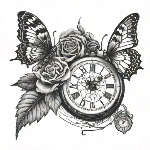Pocket Watch And A Rose With A Butterfly And A Banner