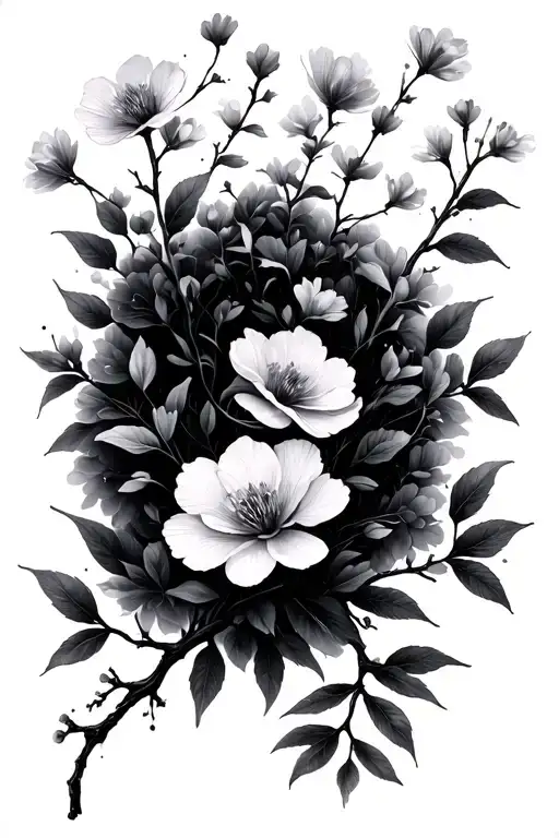 Long Spindly Branches With Delicate Flowers Black Work Only Narrow